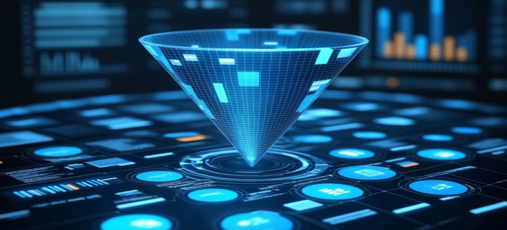 Funel de datos digital en tonos azules