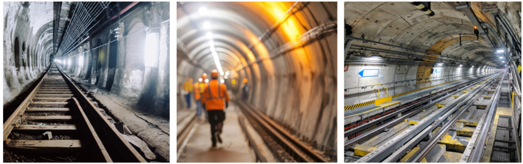 Tunel ferroviario con operarios trabajando
